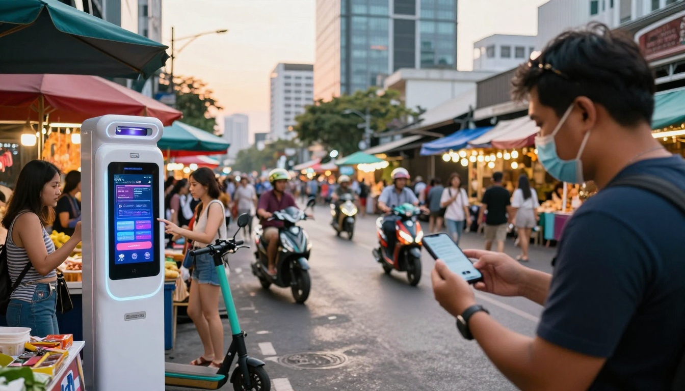 A street market scene with people walking and riding scooters. A man in the foreground wears a mask and uses a smartphone. A woman interacts with a digital kiosk. Colorful market stalls line the street.