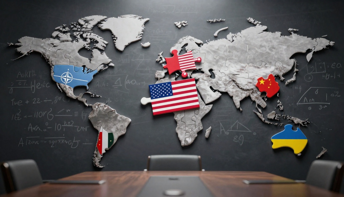 A world map on a blackboard with puzzle pieces representing different countries. The USA is marked with its flag, China with a red piece, NATO with a blue piece, and Ukraine with a blue and yellow piece. Mathematical equations are drawn on the blackboard. A conference table with chairs is in the foreground.