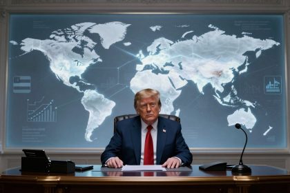 A man in a dark suit and red tie sits at a desk with papers, a phone, and a microphone. Behind him is a large illuminated world map. An American flag is visible to the right.