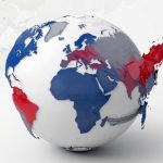 A 3D globe with continents in blue, red, and gray, highlighting regions in North America, Europe, Asia, and Africa. The background is light gray.