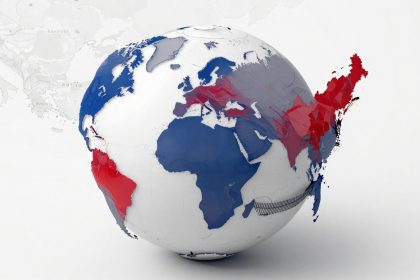 A 3D globe with continents in blue, red, and gray, highlighting regions in North America, Europe, Asia, and Africa. The background is light gray.