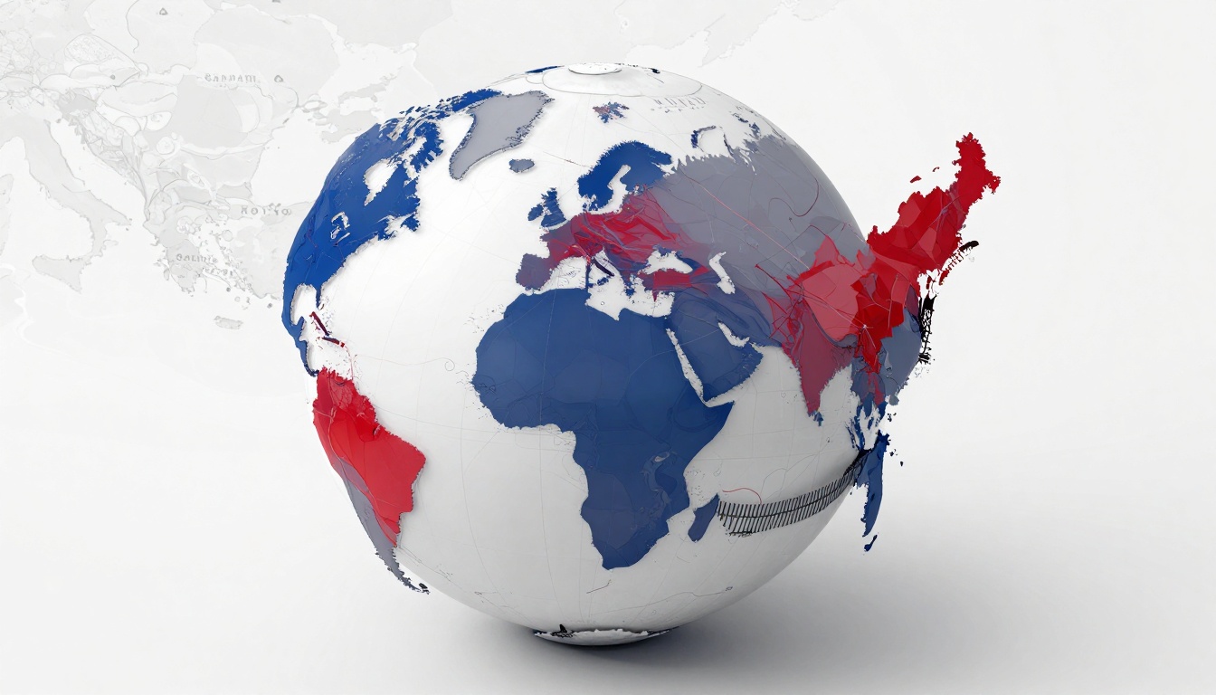 A 3D globe with continents in blue, red, and gray, highlighting regions in North America, Europe, Asia, and Africa. The background is light gray.