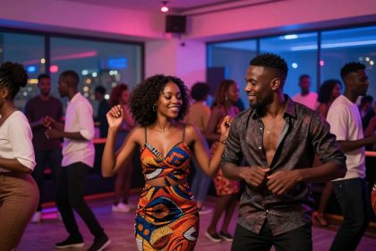 A group of people dancing in a dimly lit club with colorful lights. A woman in a vibrant patterned dress and a man in a dark shirt are smiling and dancing at the center. Other dancers are in the background, with large windows showing city lights outside.