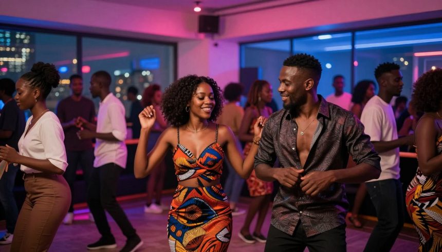 A group of people dancing in a dimly lit club with colorful lights. A woman in a vibrant patterned dress and a man in a dark shirt are smiling and dancing at the center. Other dancers are in the background, with large windows showing city lights outside.