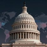 The U.S. Capitol dome against a dark background, with a world map overlay in muted colors.