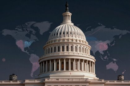 The U.S. Capitol dome against a dark background, with a world map overlay in muted colors.