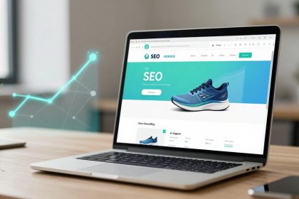 A laptop on a wooden desk displays a webpage featuring a blue athletic shoe with the text "SEO." A digital graph with nodes and lines appears in the background. A small plant and a smartphone are also on the desk.