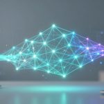 Two laptops face each other on a desk, connected by a glowing network of blue and purple lines and nodes, symbolizing data transfer.