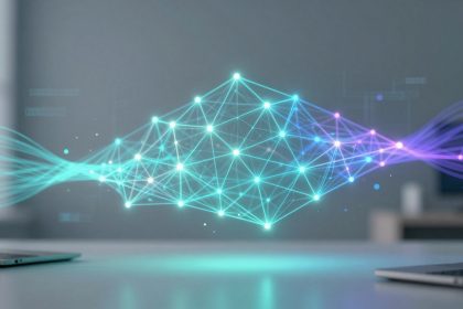 Two laptops face each other on a desk, connected by a glowing network of blue and purple lines and nodes, symbolizing data transfer.