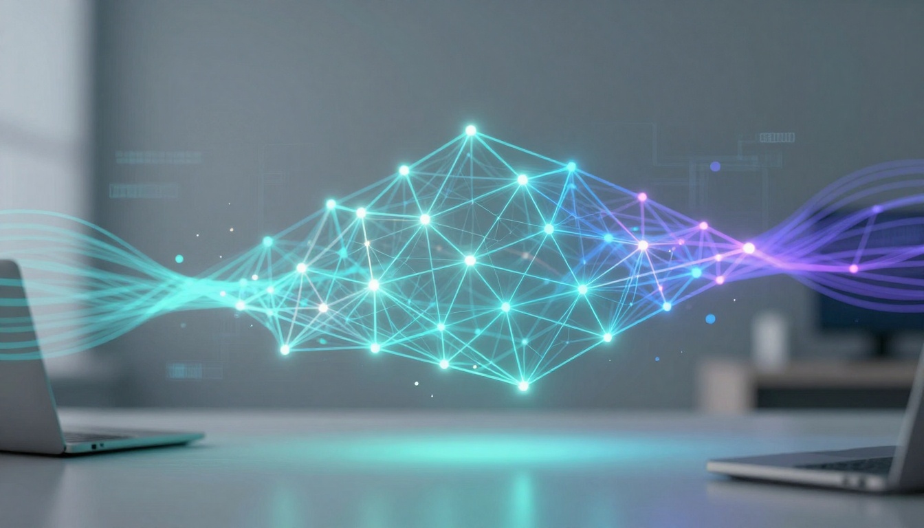 Two laptops face each other on a desk, connected by a glowing network of blue and purple lines and nodes, symbolizing data transfer.