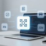 A laptop displaying code sits on a white desk with a smartphone and coffee cup. Floating icons represent data processing concepts.