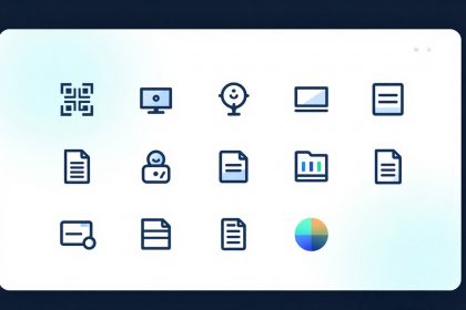 A grid of 15 blue icons on a white background. Icons depict a QR code, computer monitor, microphone, laptop, document, person, chart, folder, and a color wheel.