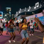 A lively street scene at night with people dancing. Neon lights illuminate the area, and a man in a yellow shirt films the dancers. Music notes are illustrated above, enhancing the festive atmosphere.