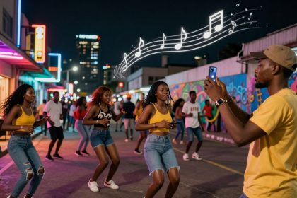 A lively street scene at night with people dancing. Neon lights illuminate the area, and a man in a yellow shirt films the dancers. Music notes are illustrated above, enhancing the festive atmosphere.
