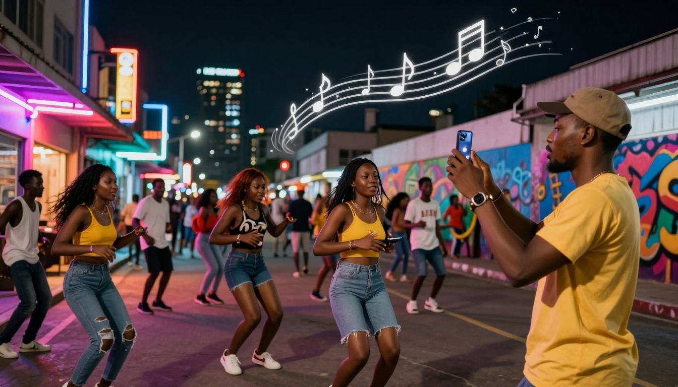 A lively street scene at night with people dancing. Neon lights illuminate the area, and a man in a yellow shirt films the dancers. Music notes are illustrated above, enhancing the festive atmosphere.