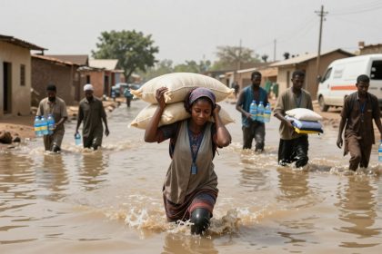 A woman carrying sacks on her head walks through a flooded street, followed by four men holding bottled water and supplies. Muddy water surrounds them, and buildings line the street.