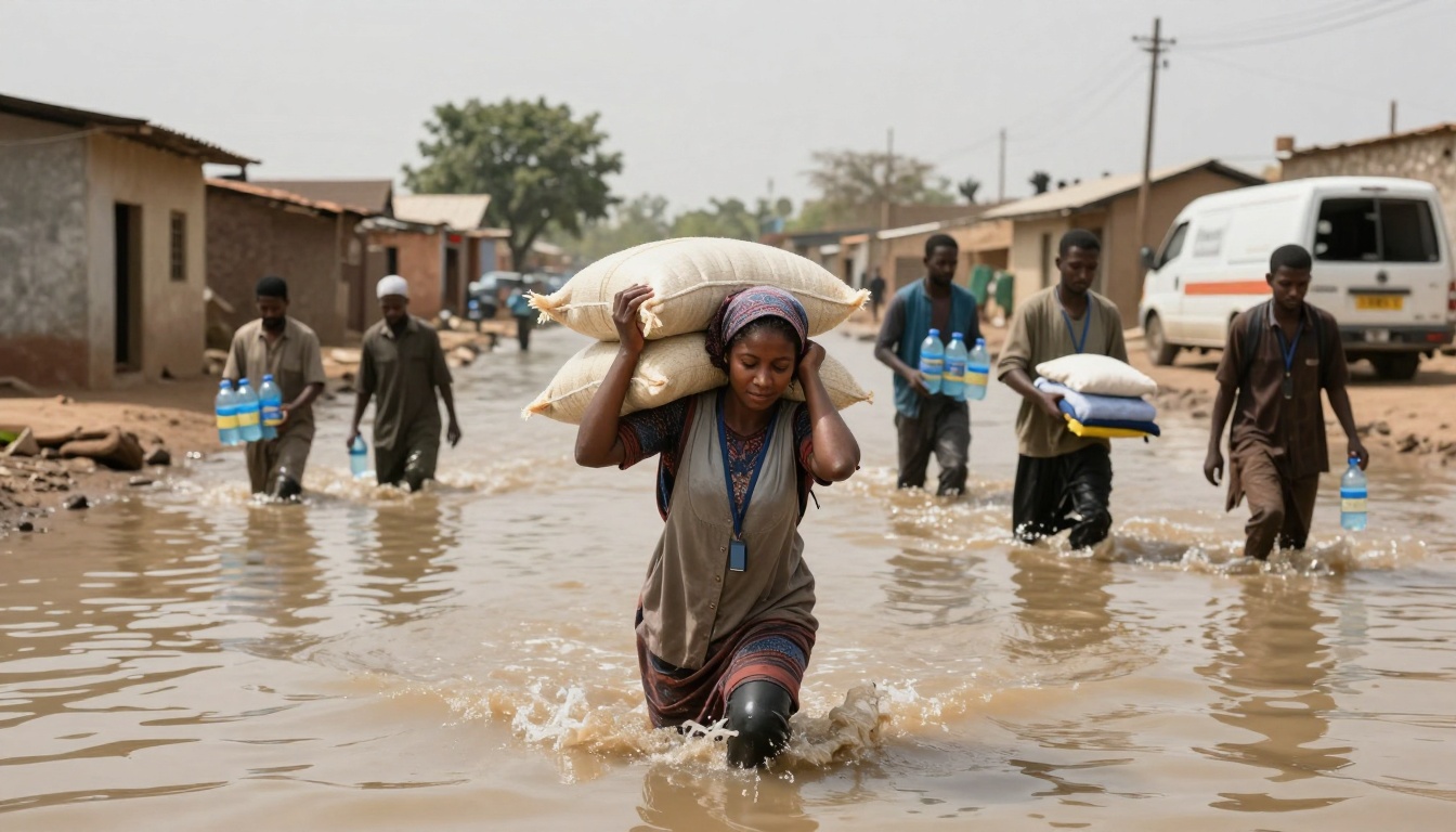 A woman carrying sacks on her head walks through a flooded street, followed by four men holding bottled water and supplies. Muddy water surrounds them, and buildings line the street.