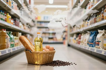 A wicker basket with a bottle of oil, a loaf of bread, and eggs is on a grocery store aisle floor. Coffee beans spill nearby. A world map overlays the scene.