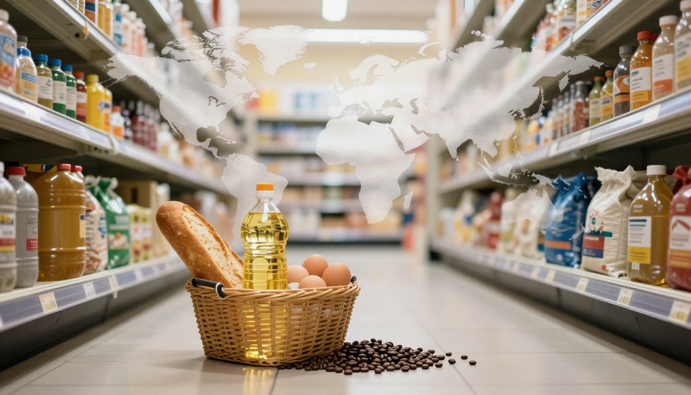 A wicker basket with a bottle of oil, a loaf of bread, and eggs is on a grocery store aisle floor. Coffee beans spill nearby. A world map overlays the scene.