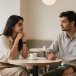 A man and woman sit across from each other at a small round table in a cafe. Both are engaged in conversation, with coffee cups in front of them. The cafe has neutral tones with soft lighting and minimal decor.