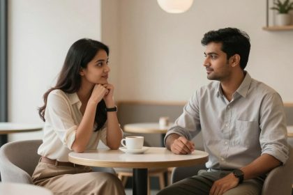 A man and woman sit across from each other at a small round table in a cafe. Both are engaged in conversation, with coffee cups in front of them. The cafe has neutral tones with soft lighting and minimal decor.