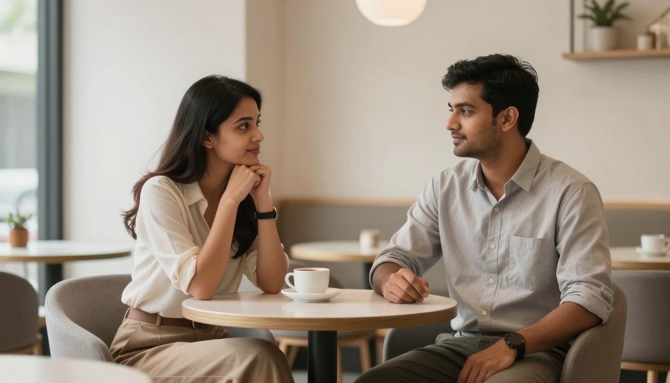 A man and woman sit across from each other at a small round table in a cafe. Both are engaged in conversation, with coffee cups in front of them. The cafe has neutral tones with soft lighting and minimal decor.
