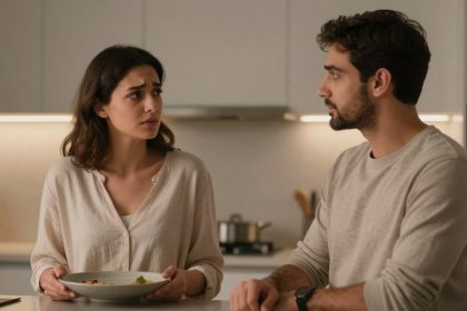 A woman and man are in a kitchen. The woman holds a plate and looks concerned. The man looks at her intently. Both wear neutral-toned clothing.