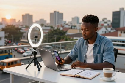 A person works on a laptop and holds a smartphone on a rooftop terrace. A ring light is on the table, with a notebook and coffee cup. The city skyline and sunset are visible in the background.