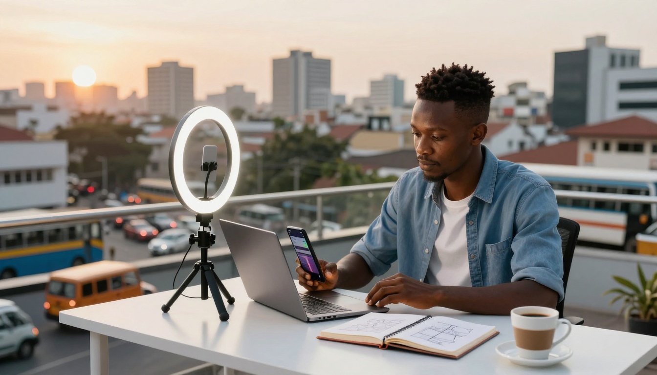 A person works on a laptop and holds a smartphone on a rooftop terrace. A ring light is on the table, with a notebook and coffee cup. The city skyline and sunset are visible in the background.
