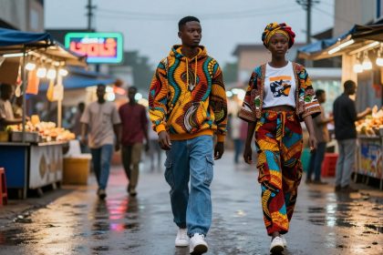 Two people walk through a vibrant market. The person on the left wears a colorful patterned hoodie and jeans, while the one on the right wears a matching head wrap, jacket, and pants set with a white graphic t-shirt. Stalls with lights and people are visible in the background, and the ground is wet, reflecting the lights.