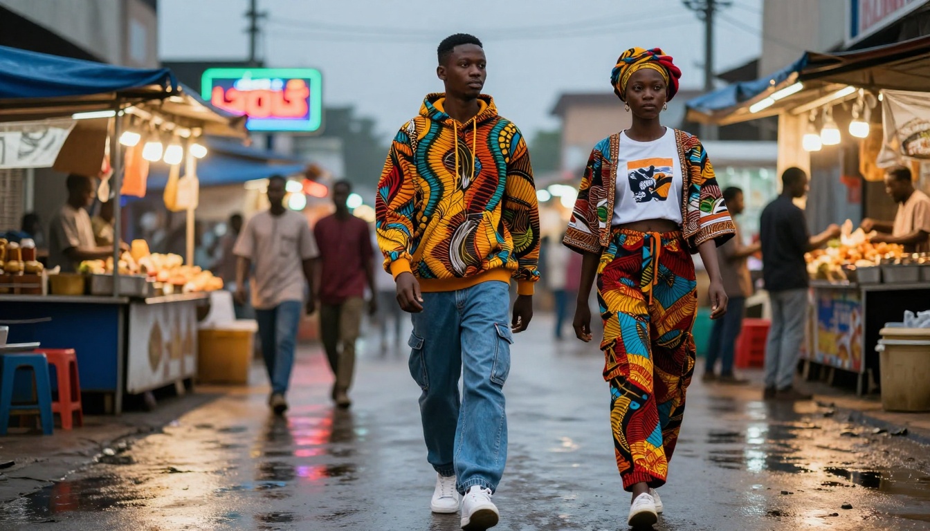 Two people walk through a vibrant market. The person on the left wears a colorful patterned hoodie and jeans, while the one on the right wears a matching head wrap, jacket, and pants set with a white graphic t-shirt. Stalls with lights and people are visible in the background, and the ground is wet, reflecting the lights.