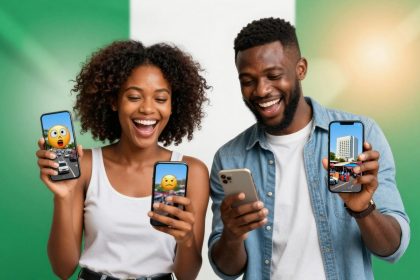 A woman and man smiling at smartphones. The woman holds two phones with emoji reactions on traffic images. The man holds a phone showing a building. Background: green and white gradient.