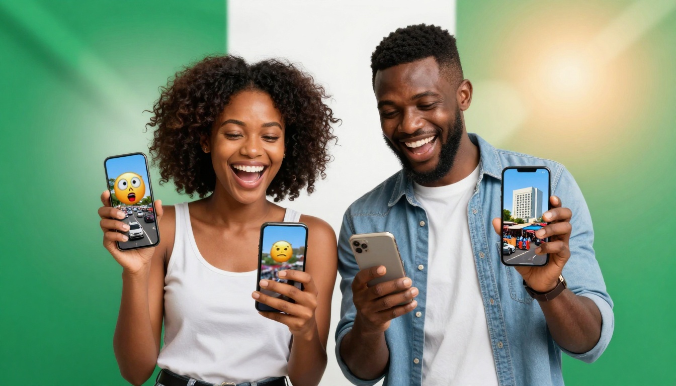 A woman and man smiling at smartphones. The woman holds two phones with emoji reactions on traffic images. The man holds a phone showing a building. Background: green and white gradient.