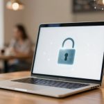 A laptop on a wooden table displays a large padlock icon on the screen, symbolizing security. Blurred background shows people sitting at tables in a cafe.