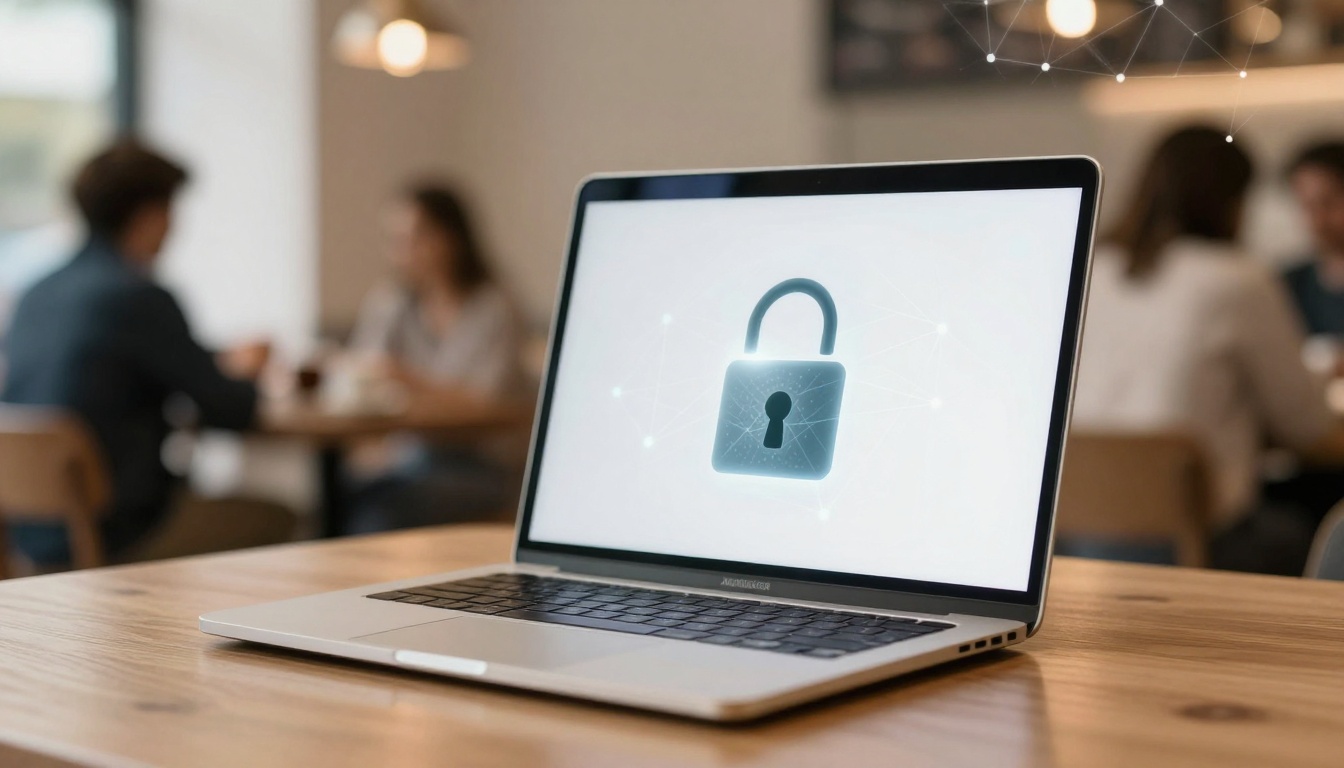 A laptop on a wooden table displays a large padlock icon on the screen, symbolizing security. Blurred background shows people sitting at tables in a cafe.