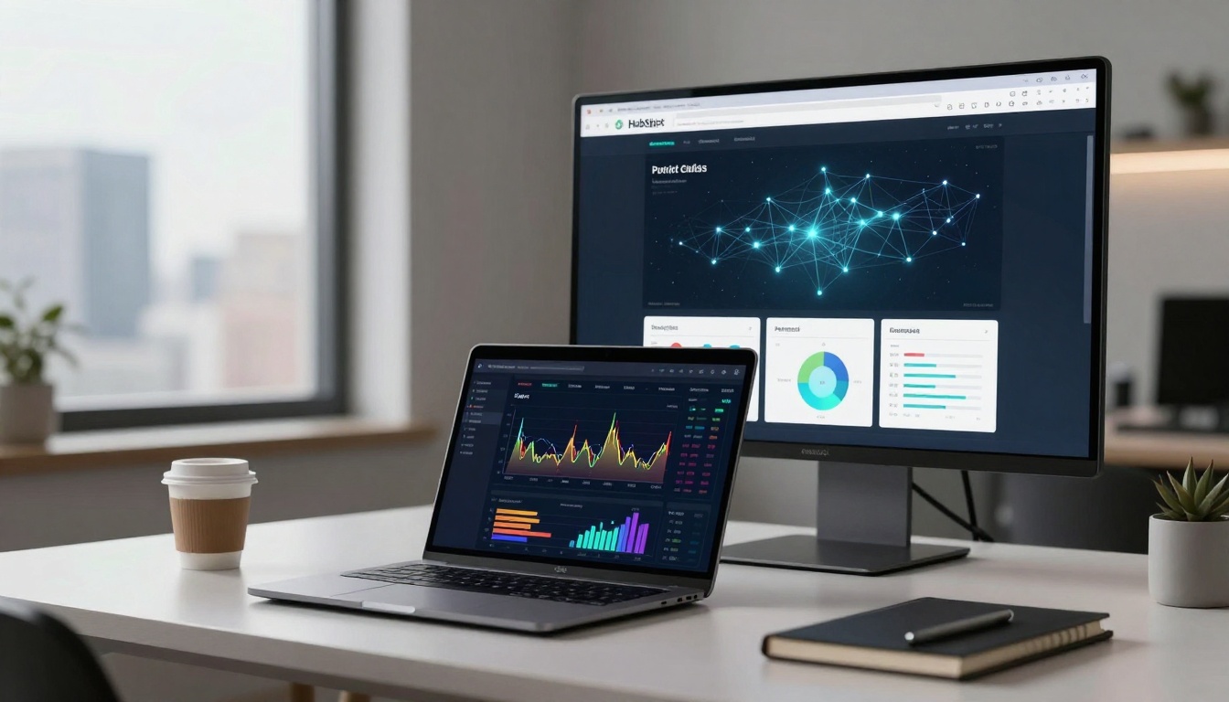 A desk with a laptop and monitor displaying colorful data charts and graphs. A coffee cup and notebook are nearby. A cityscape is visible through the window.