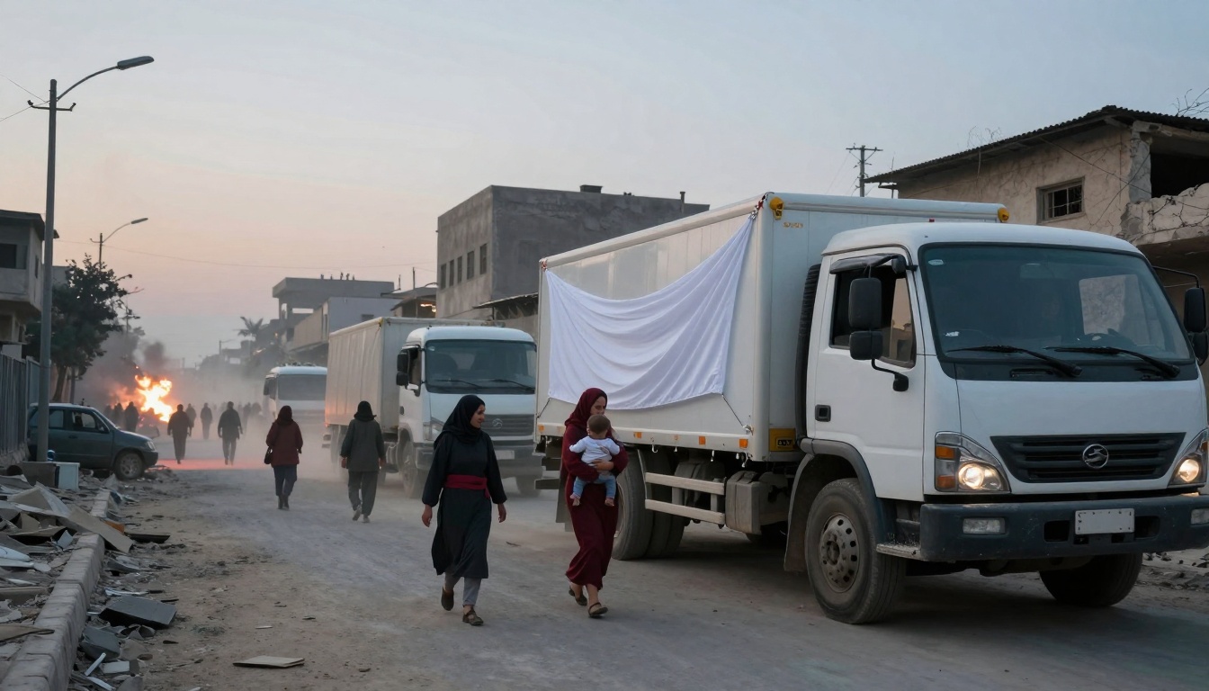 A street scene at dusk with people walking near two white trucks covered with fabric. A woman carries a child in her arms. In the background, a fire burns and more people walk. Buildings line the street, and debris is visible on the ground.