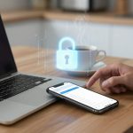 A person uses a smartphone on a wooden table next to a laptop. A digital lock icon hovers above, symbolizing security. A cup of coffee is in the background.