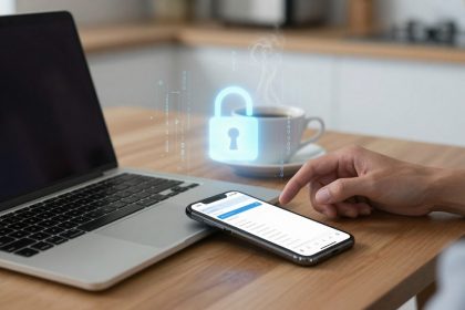 A person uses a smartphone on a wooden table next to a laptop. A digital lock icon hovers above, symbolizing security. A cup of coffee is in the background.