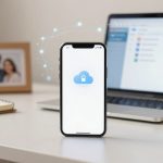 Smartphone displaying a cloud with a lock icon on a desk. A laptop is in the background, alongside a notebook and framed photo.