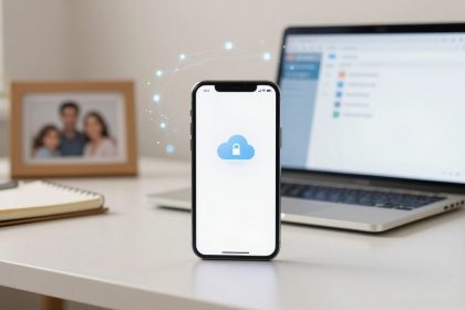 Smartphone displaying a cloud with a lock icon on a desk. A laptop is in the background, alongside a notebook and framed photo.