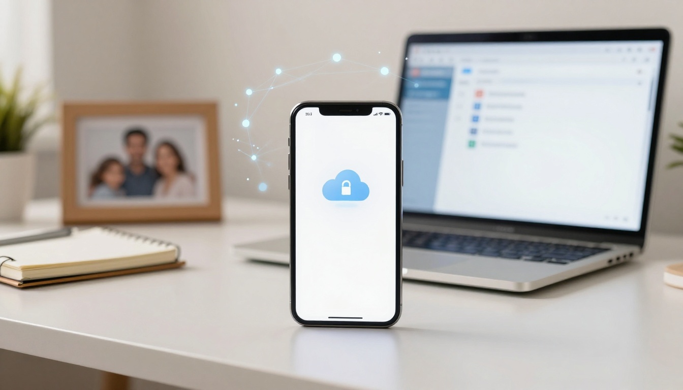 Smartphone displaying a cloud with a lock icon on a desk. A laptop is in the background, alongside a notebook and framed photo.