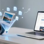 A laptop on a desk displays a webpage. Next to it, a digital funnel graphic with a film reel shows images and documents flowing into it.