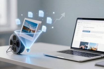 A laptop on a desk displays a webpage. Next to it, a digital funnel graphic with a film reel shows images and documents flowing into it.