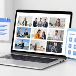 A laptop on a desk displays a grid of video call participants. Surrounding the laptop are 3D icons: a checklist, gear, speedometer, and app grid.