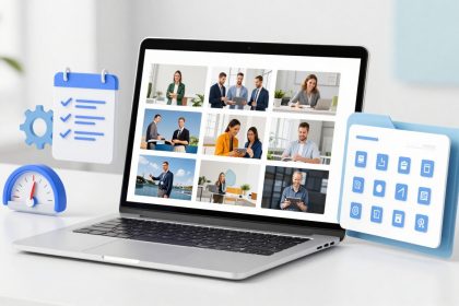 A laptop on a desk displays a grid of video call participants. Surrounding the laptop are 3D icons: a checklist, gear, speedometer, and app grid.