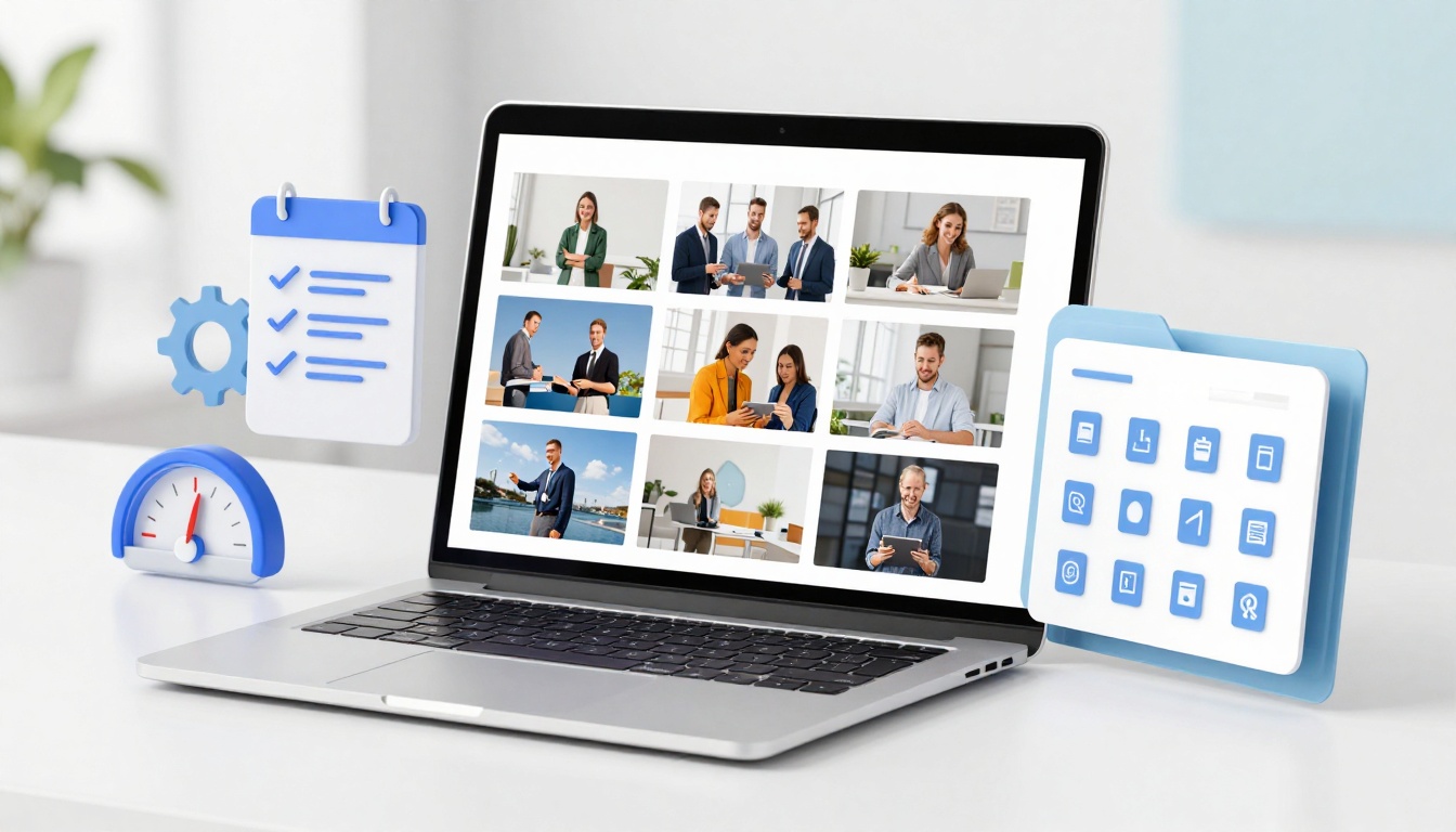 A laptop on a desk displays a grid of video call participants. Surrounding the laptop are 3D icons: a checklist, gear, speedometer, and app grid.