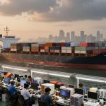 A cargo ship loaded with colorful containers sails on a river near a city skyline at sunrise. In the foreground, people work at computers, surrounded by stacks of fabric.