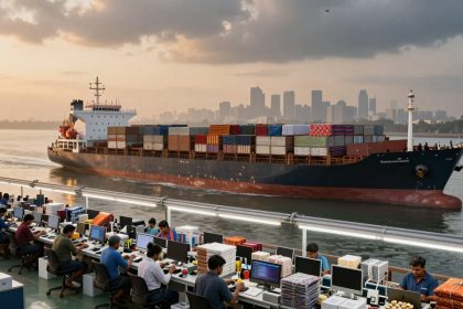 A cargo ship loaded with colorful containers sails on a river near a city skyline at sunrise. In the foreground, people work at computers, surrounded by stacks of fabric.