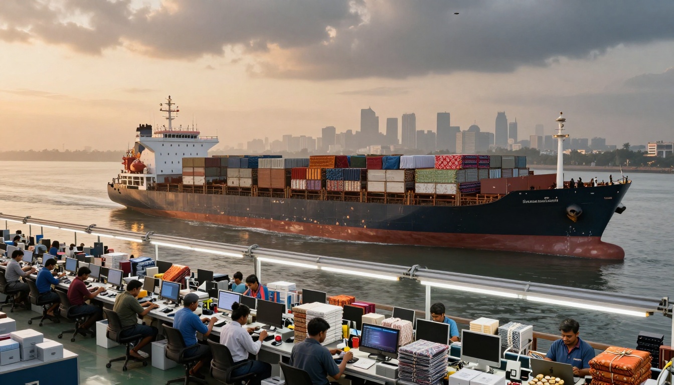 A cargo ship loaded with colorful containers sails on a river near a city skyline at sunrise. In the foreground, people work at computers, surrounded by stacks of fabric.